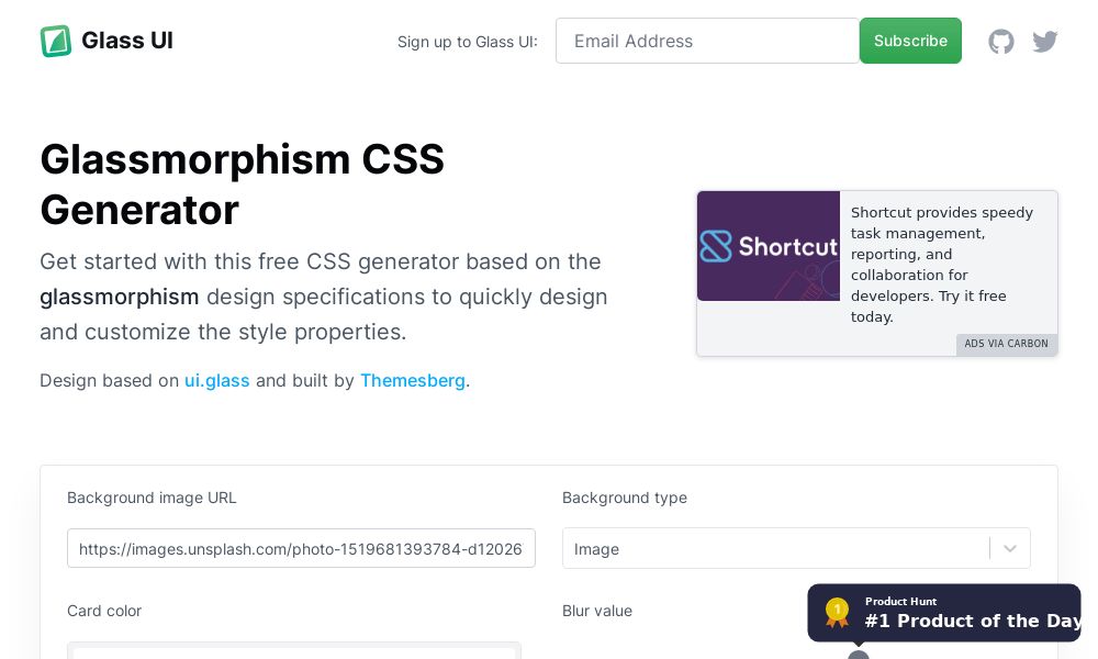Screenshot of Glassmorphism CSS Generator