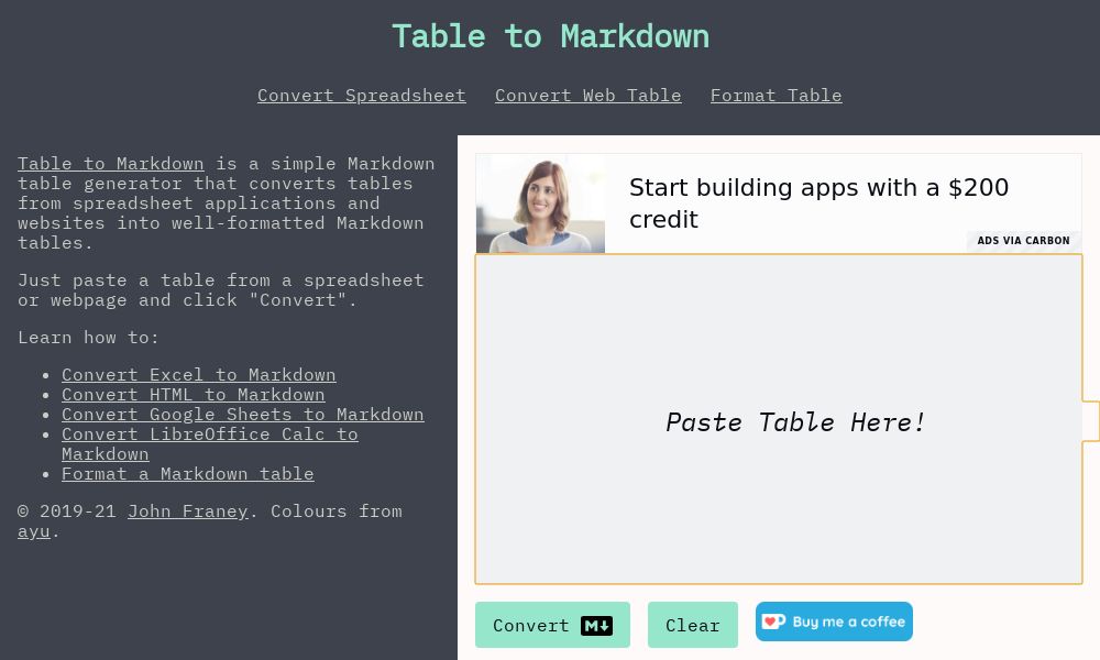 Screenshot of Table to Markdown